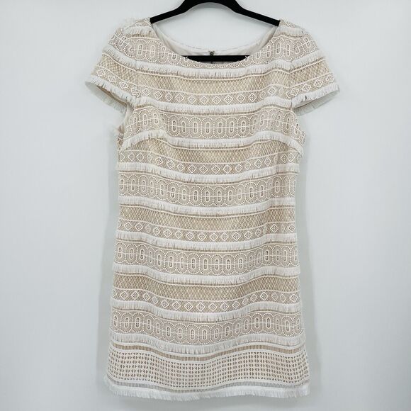 Eliza J Womens Dress Size 12 White Lace Overlay Fringe Cap Sleeve Shift Mini - Picture 2 of 12